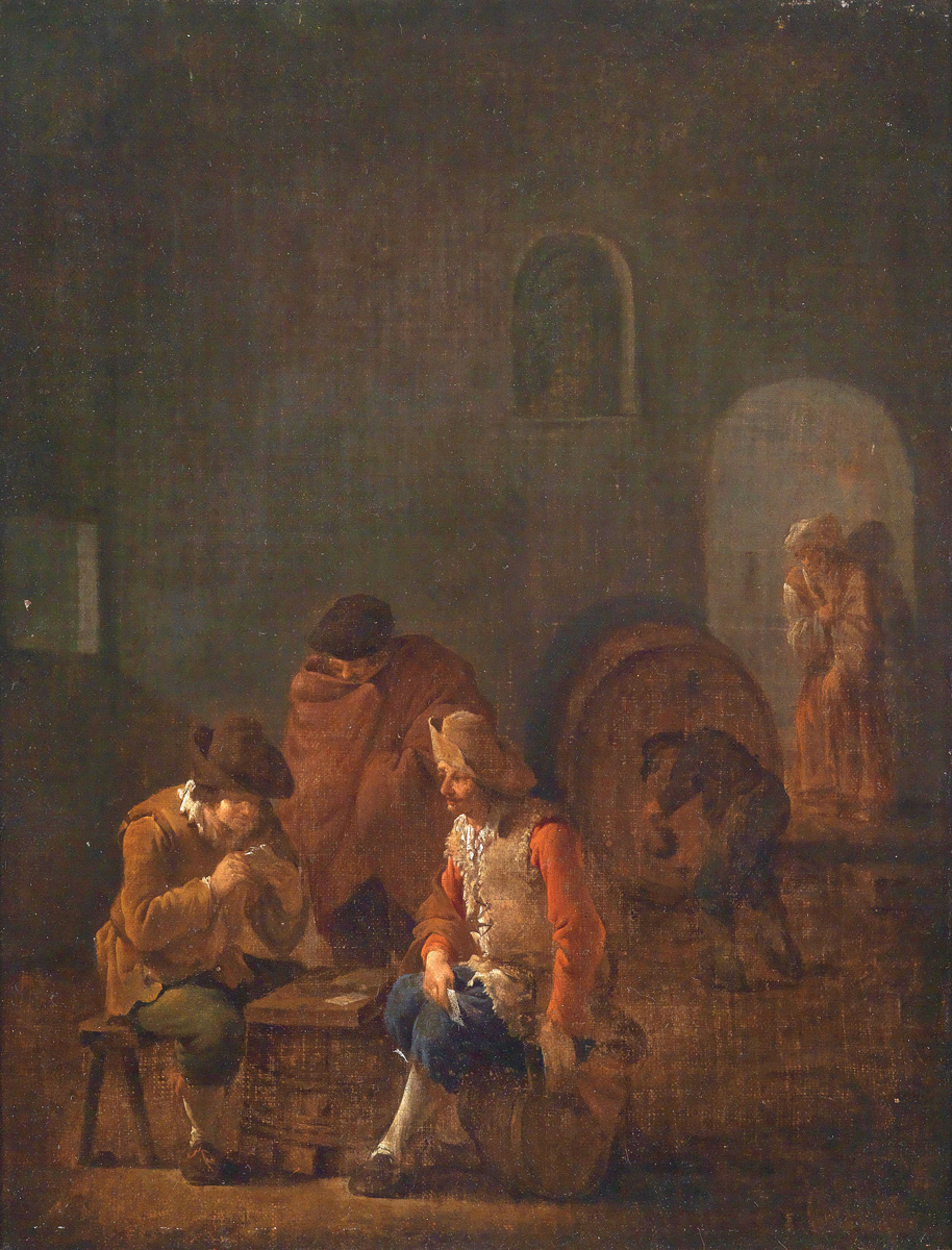 card playing and carousing peasants in a vaulted cellar